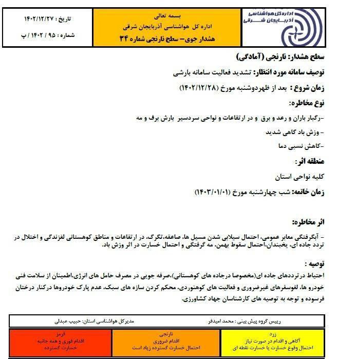 هشدار نارنجی؛ تشدید سامانه بارشی از فردا در آذربایجان‌شرقی